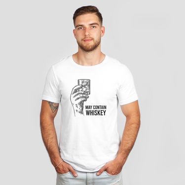 may contain holding whiskey glass white shirt
